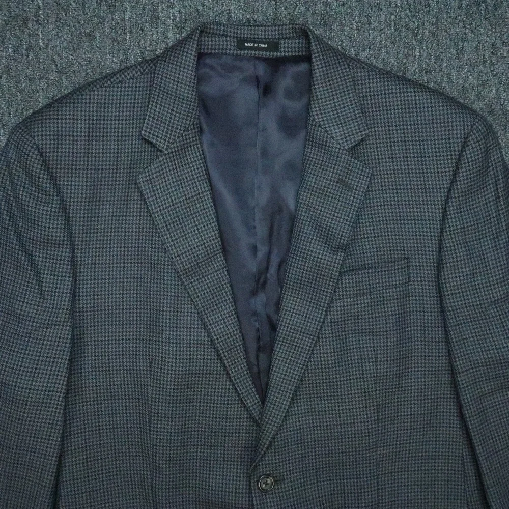 Lauren Ralph Lauren‎ Blazer Mens 44L Gray Blue Houndstooth Wool LRL Sport Coat